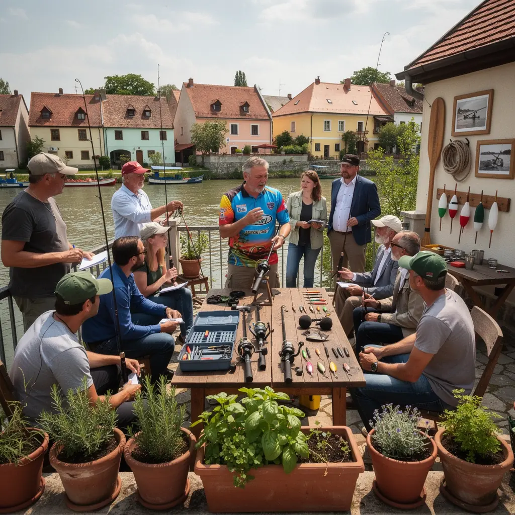 Horgászati technikák bemutatása, különböző halfajták és felszerelés ábrázolásával.